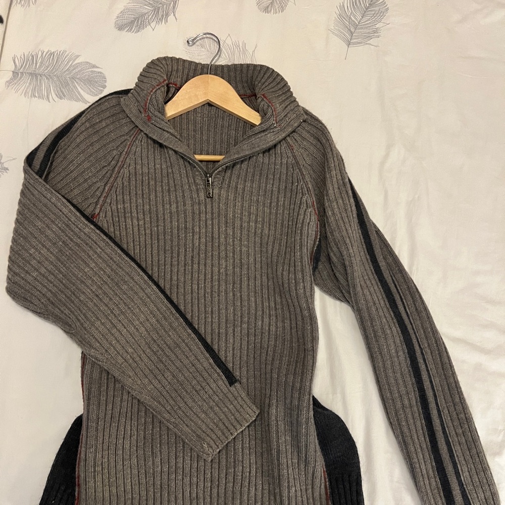 Point Zero Men's Ribbed Zip-Up Sweater - Gray with Black Stripes